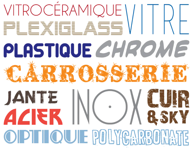 Vitrocéramique, plexiglass, vitre, plastique, chrome, carrosserie, jante, acier, inox, cuir, sky, optique, polycarbonate